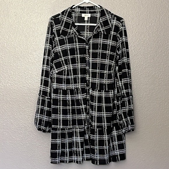 Style & Co Plus Size windowpane Printed Tiered Mesh Top size 3X Long sleeve - Picture 2 of 10
